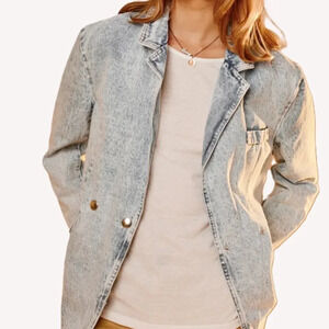 feelkoo Washed Light Denim  Blue Lapel Front Jacket 100% Cotton Sz US 2-4 Jeans